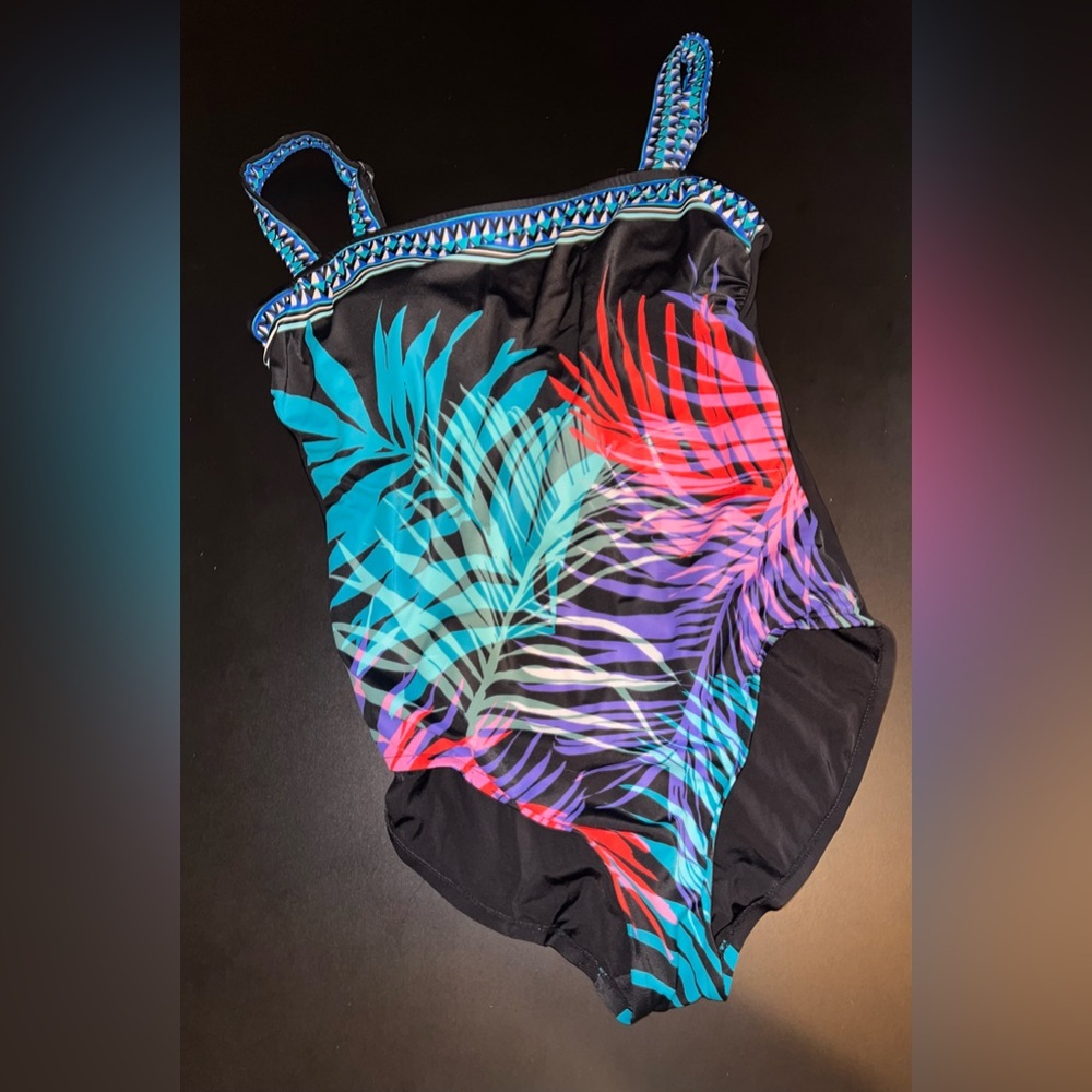 Aqua Green Tropical Leaf Adjustable Strap One Piece Swimsuit Size Large GUC